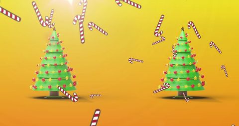 Candy canes falling over christmas trees on vibrant yellow background