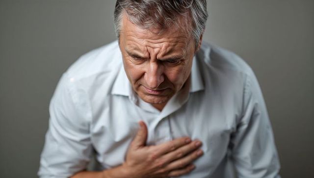 Senior man holding chest with a concerned expression against gray background