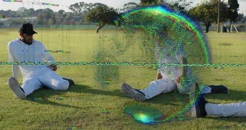 Athletes sitting on grass in white sportswear with rainbow digital glitch distortion