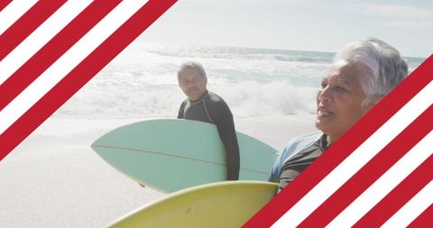 Senior Couple with Surfboard and American Flag Overlay