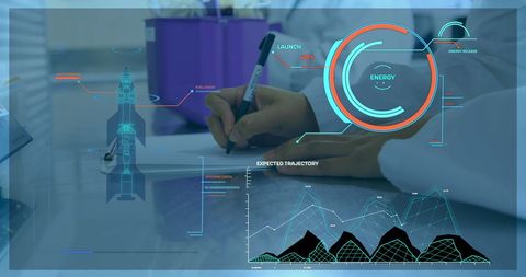 Doctor analyzing data with futuristic digital interface overlay