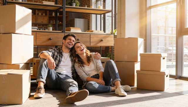 Young couple laughing on floor among moving boxes in sunlit loft celebrating new home