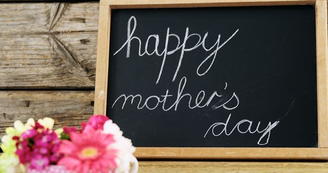 Happy mothers day text written on chalk board with cup of flowers against wooden background