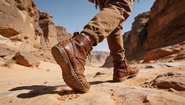 Hiker stepping across sandstone canyon leaving dust and tread imprint, leather boots, khaki pants