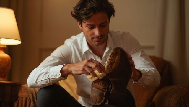 Gentleman polishing leather shoes by lamplight creating warm cozy evening footwear care