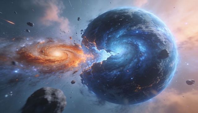 Blue Planet Colliding with Fiery Spiral Galaxy Creating Energy Bridge and Cosmic Vortex