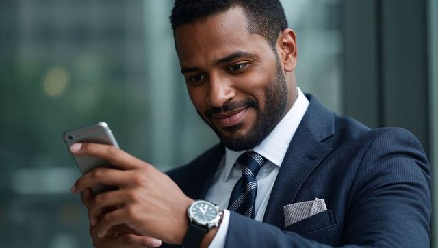 Executive using smartphone near office window