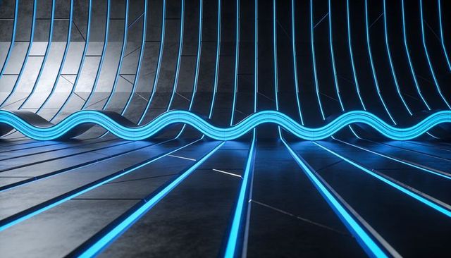 Neon blue wave running across futuristic corridor with reflective led strips, glossy glow