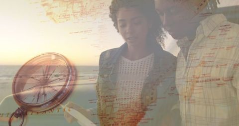 Romantic Adventure Concept: Couple at Beach Over World Map - Download Free Stock Images Pikwizard.com