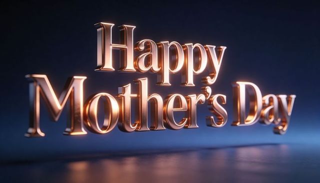 Floating rose gold happy mother's day typography with metallic serif rim lighting