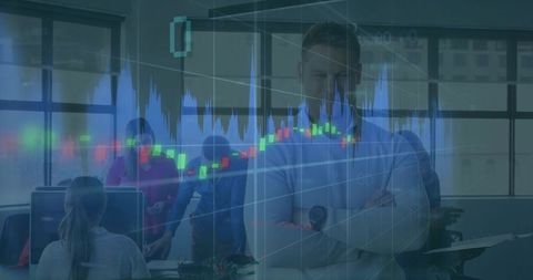 Confident manager with arms crossed leading data-driven team amid financial charts overlay