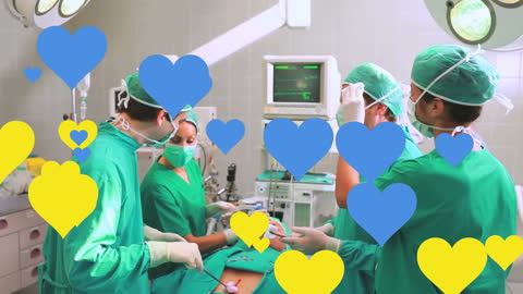 Diverse Surgeons in Operation Room with Heart and Unity Symbols