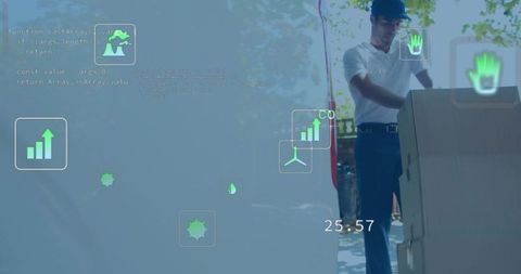 Courier loading boxes by van with augmented reality logistics overlay and data metrics