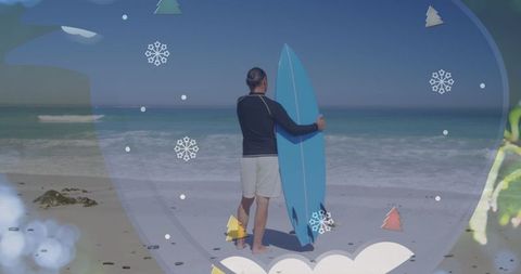 Surfer on Beach with Surreal Snowflakes Overlay