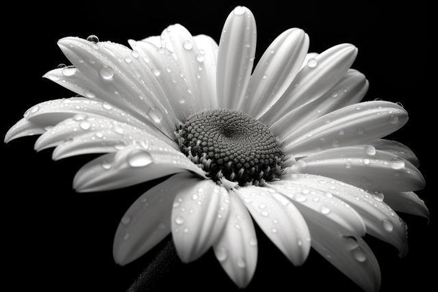 Exquisite close-up of daisy flower displaying detailed petals adorned with water droplets. Black-and-white composition enhances the captivating texture and intricacy of the flower. Ideal for use in nature photography collections, botanical studies, or as a tranquil backdrop for prints and digital designs focusing on simplicity and natural beauty.