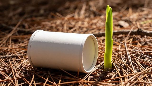 White paper cup lying beside green sprout growing through pine needles on forest floor