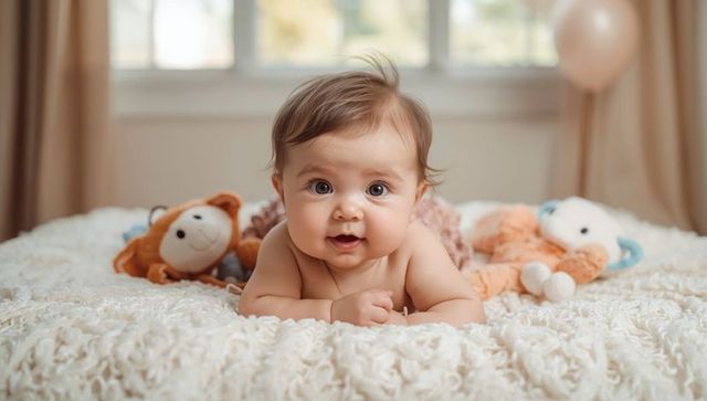 Adorable baby in cozy nursery with stuffed toys and balloon