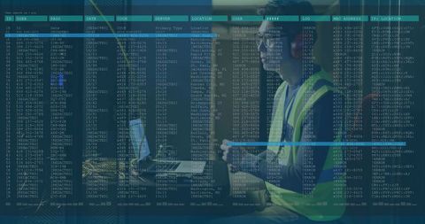 Technician Conducting Inspection in Data Center with Overlayed Data