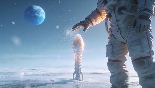 Astronaut reaching bioluminescent alien on frozen exoplanet plain under distant blue planet