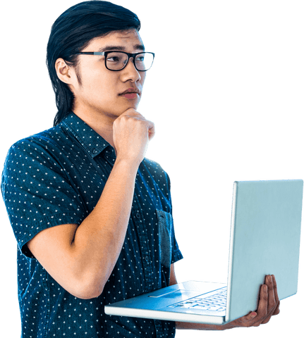 Transparent thoughtful young adult holding laptop and contemplating