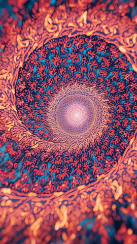 Vertical video zooming into rotating spiral fractal toward glowing cosmic core