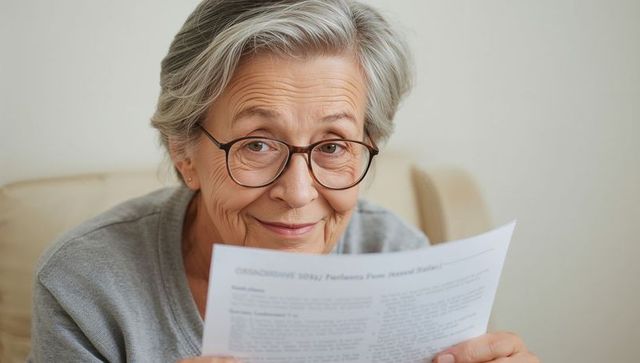 Senior woman reading document and smiling while wearing round glasses