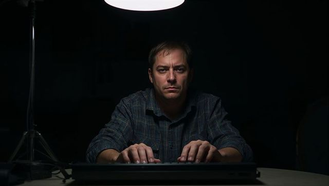 Middle-aged man typing under overhead lamp, dramatic low-key portrait for late-night focus