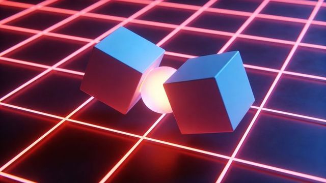 Neon grid with glowing orb nestled between two matte cyan cubes on reflective tiles