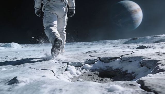 Astronaut walking on icy lunar surface kicking up regolith with distant blue planet