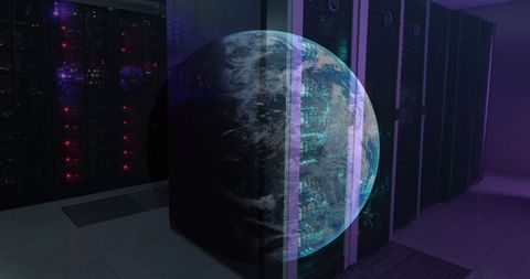 Earth Overlay in Modern Server Room Representing Digital Networking