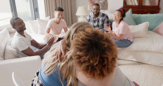 Diverse Friends Giving Group Hug in Living Room - Download Free Stock Images Pikwizard.com