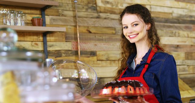 Smiling Young Female Baker Displaying Freshly Baked Cake in Rustic Bakery - Download Free Stock Images Pikwizard.com