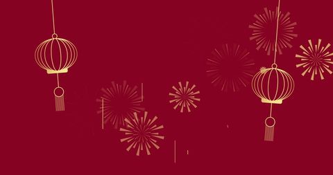Chinese lanterns and fireworks on red background