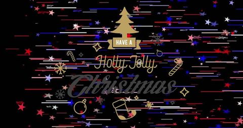 Gold tree holly jolly christmas typography with sparkling stars and motion lines