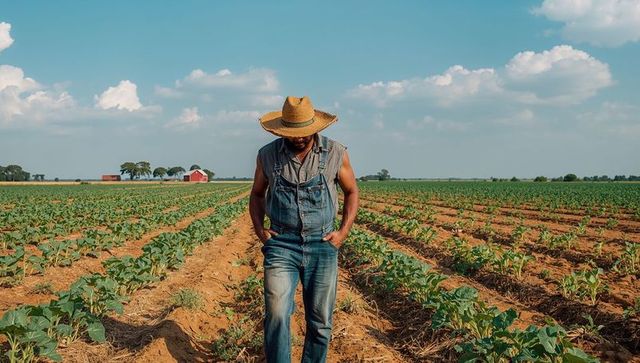 Farmer walking through crop rows wearing straw hat and overalls near red barn