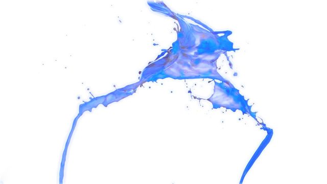 This striking capture of blue paint splashing against a white background exemplifies movement and energy, highlighting the intensity and fluidity of vibrant color meeting clear space. It can be used for creative projects involving themes of art, freedom, and innovation or for marketing materials emphasizing creativity and freshness.