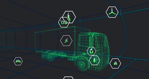 Futuristic 3D Wireframe Truck with Innovation Icons in Tunnel