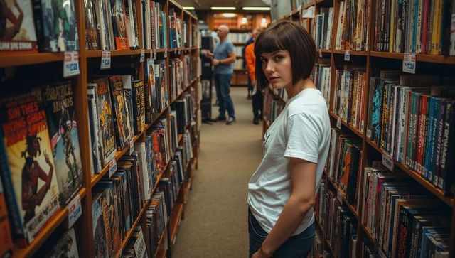 Young woman browsing comic book aisle wearing white tee and jeans, looking at camera