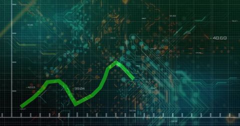 Green timeseries hud data visualization dashboard with circuit grid and pulsing nodes