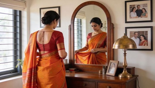 Indian woman adjusting orange sari and red blouse at vanity mirror preparing for festival