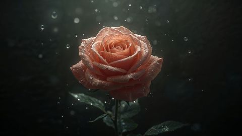 Elegant peach-colored rose with dew droplets on spiral petals