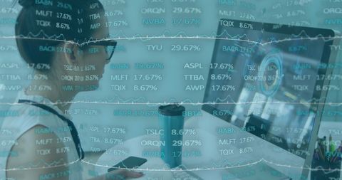 Asian businesswoman analyzing digital stock market trends