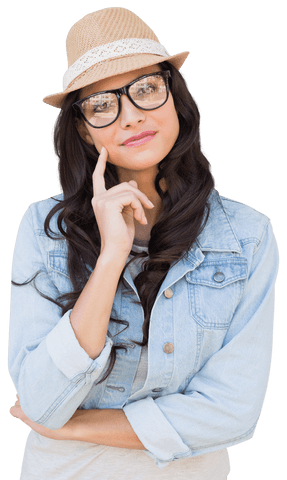 Thoughtful Caucasian Woman in Hat on Transparent Background
