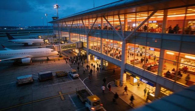Busy airport terminal at dusk with jet bridges and boarding passengers