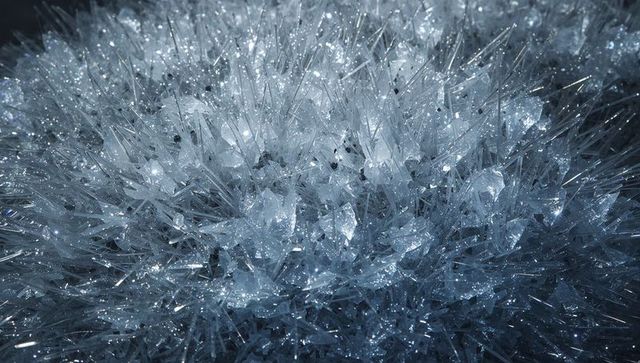 Iridescent needle ice cluster forming on soil macro frost crystals and prism spikes