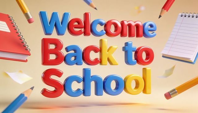 Playful welcome back to school colorful 3d letters with floating pencils and notebooks