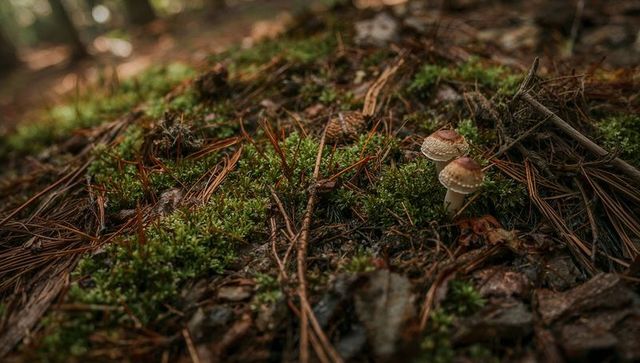 Paired brown mushrooms growing on mossy forest floor with pine needles and leaf litter