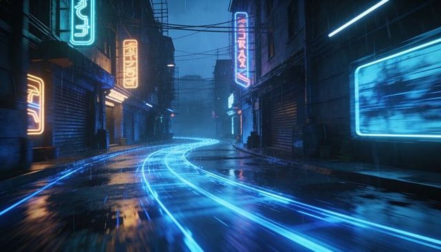 Neon blue light trail curving through rainy cyberpunk alley, futuristic noir cityscape