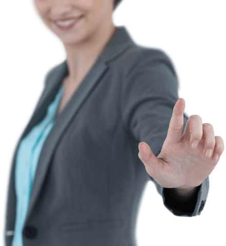 Businesswoman interacting with invisible transparent interface