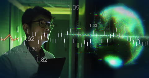 Digital Data Analysis Asian Scientist with Tablet and Virtual World Overlay